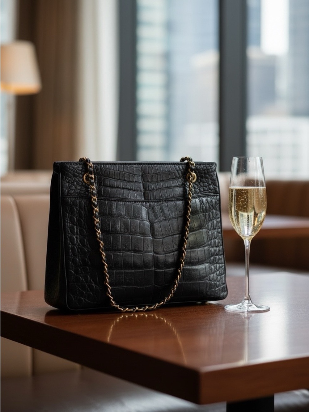CHANEL Black Croc-Embossed Chain Shoulder Bag